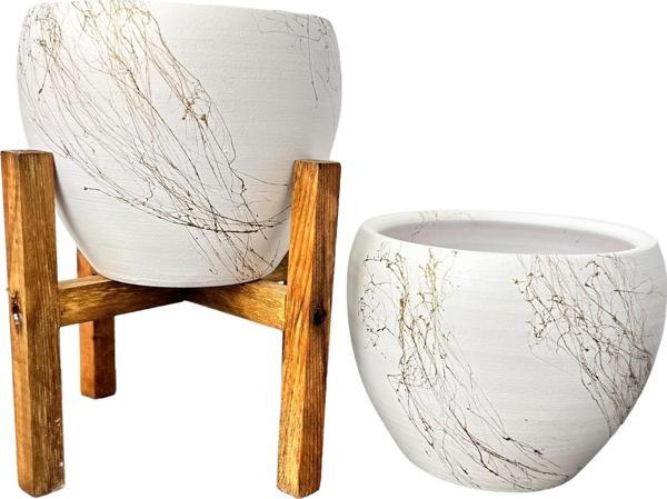 Bitki Tasarımı Beyaz Üzeri Gold Mermer Efektli Toprak Saksı Saksılık Salon Çiçeklik İkili Set Ayaksız - 4 Ayaklı- 15 Cm - Image 1