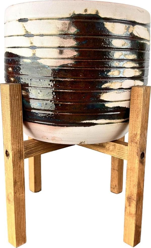 Bitki Tasarımı Yeşil Sırlı Terrakota Toprak Saksı Saksılık Salon Çiçeklik 4 Ayaklı - 19 CM - Image 1