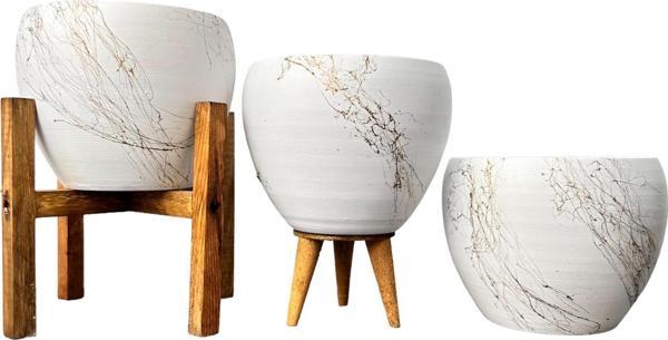 Bitki Tasarımı Beyaz Üzeri Gold Mermer Efektli Toprak Saksı Saksılık Salon Çiçeklik Üçlü Set - 15 Cm - Image 1