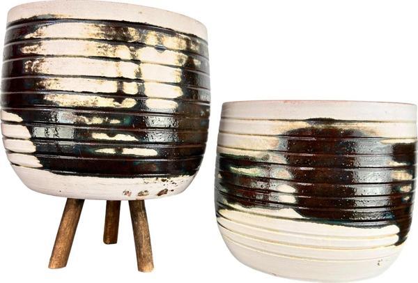Bitki Tasarımı Yeşil Sırlı Terrakota Toprak Saksı Saksılık Salon Çiçeklik İkili Set Ayaksız - 3 Ayaklı- 19 CM - Image 1