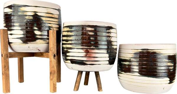 Bitki Tasarımı Yeşil Sırlı Terrakota Toprak Saksı Saksılık Salon Çiçeklik Üçlü Set- 19 CM - Image 1