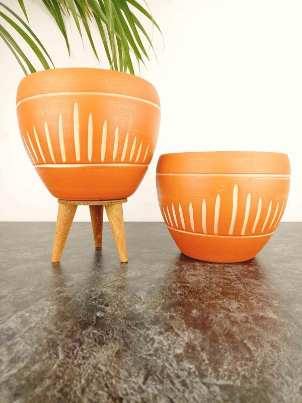 Bitki Tasarımı Dik Çizgi Desenli Terrakota Toprak Saksı Saksılık Salon Çiçeklik İkili Set Ayaksız - 3 Ayaklı- 15 Cm - Image 1