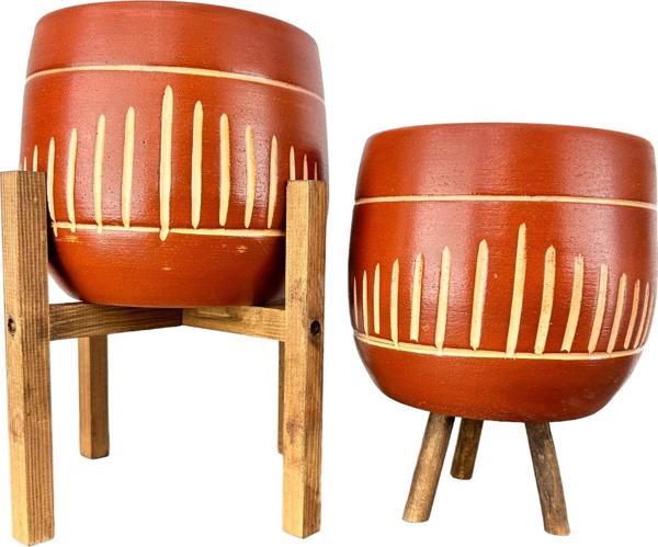 Bitki Tasarımı Dik Çizgi Desenli Toprak Saksı Saksılık Salon Çiçeklik İkili Set 3 Ayaklı- 4 Ayaklı- 19 CM - Image 1