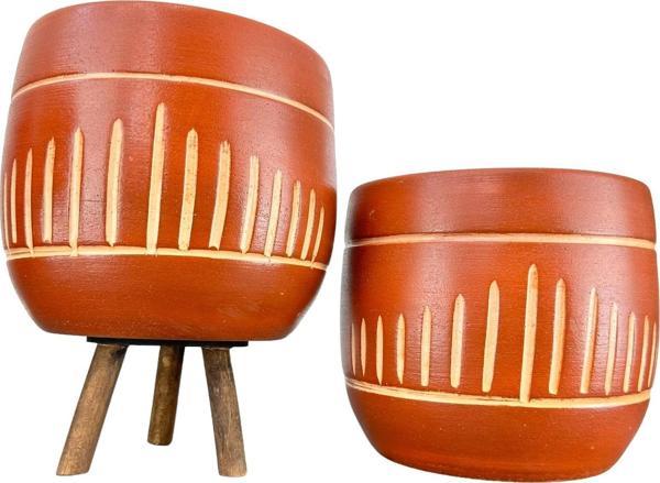 Bitki Tasarımı Dik Çizgi Desenli Toprak Saksı Saksılık Salon Çiçeklik İkili Set Ayaksız - 3 Ayaklı- 19 CM - Image 1