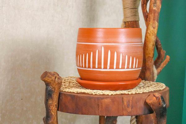 Bitki Tasarımı Doğal Çizgili Model Tabaklı Terracota Toprak Saksı Saksılık Salon Çiçeklik 19 CM - Image 1
