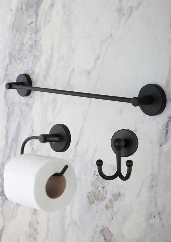 Evina Banyo Aksesuar Seti, Siyah, Düz Havluluk, K. Tuvalet Kağıtlığı, Bornozluk - Mat Siyah - Image 1