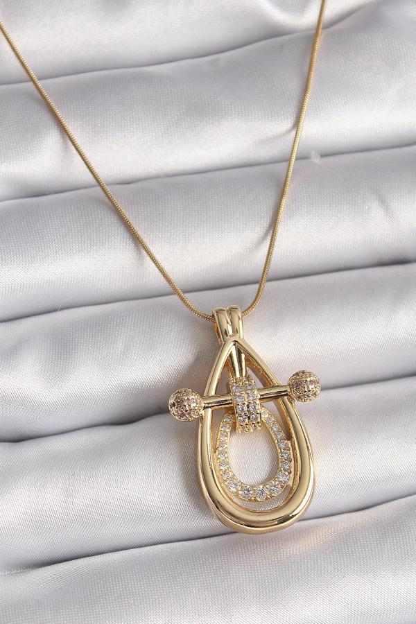 316L Çelik Gold Renk Zincir Zirkon Taşlı Vintage Model Kadın Kolye - TJ-BKO9507 - Image 1