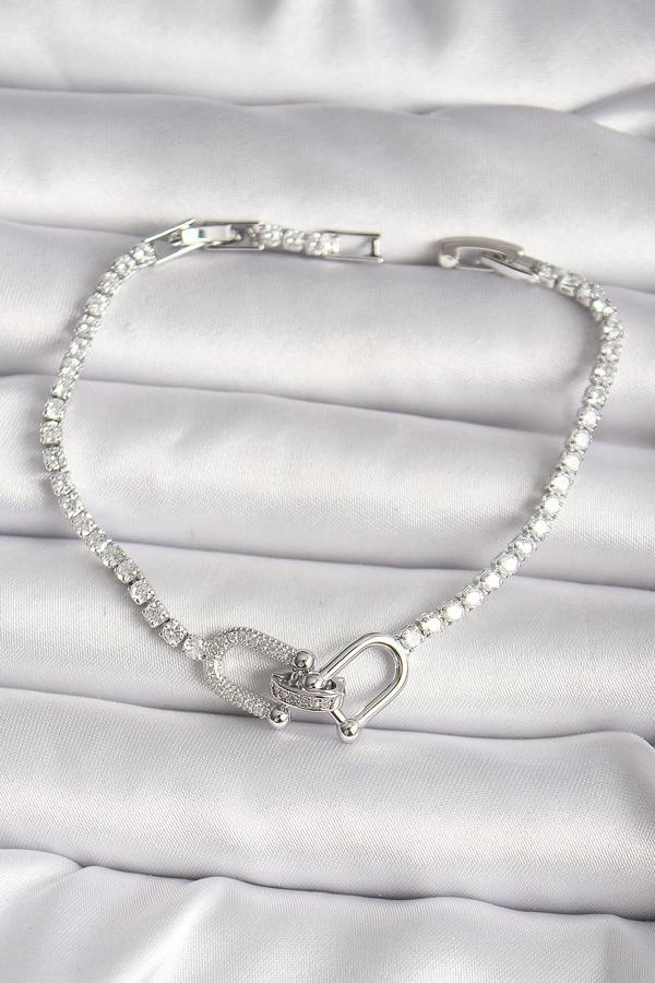 Pirinç Gümüş Renk Su Yolu Zirkon Taşlı Tiffany Model Kadın Bileklik - TJ-BB6630 - Image 1