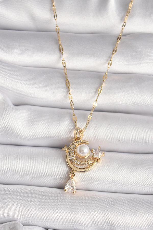 316L Gold Renk Zirkon Taşlı Ay Yıldız Model Sallantı Detay Kadın Kolye - TJ-BKO9672 - Image 1