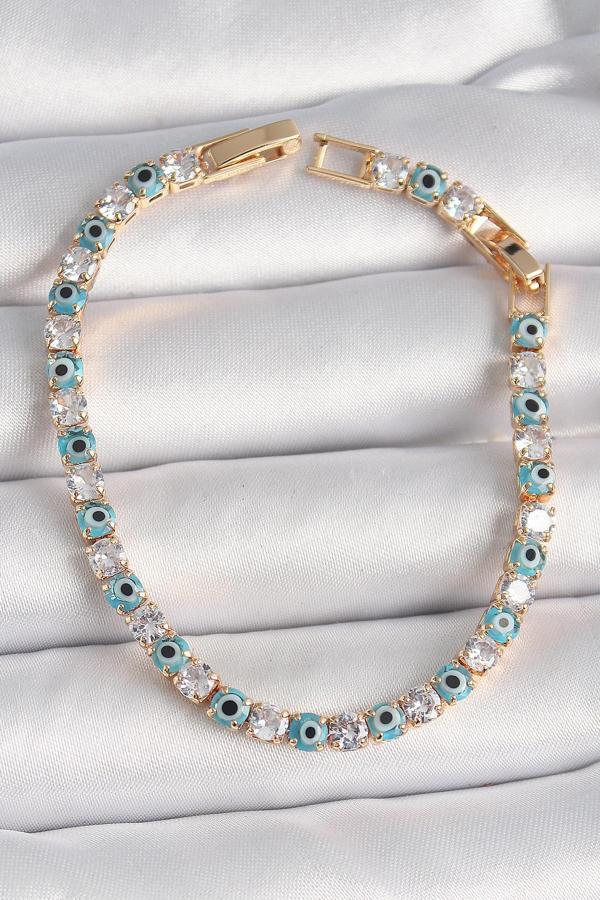 Pirinç Gold Renk Su Yolu Zirkon Taşlı Nazar Boncuklu Kadın Bileklik - TJ-BB6648 - Image 1