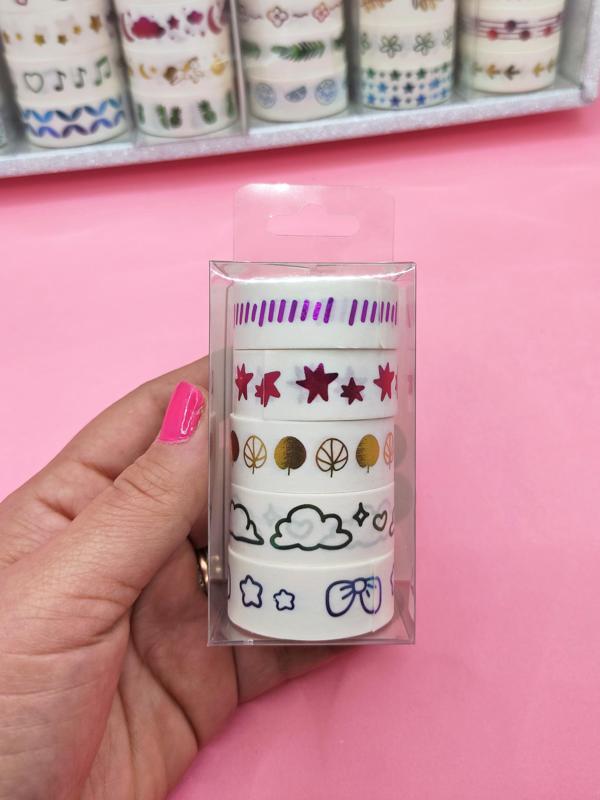 Renkli Yaldızlı Vintage Washi Tape Bant Yapışkanlı Maskeleme Kağıdı 5 lı - Kurdele - Image 1