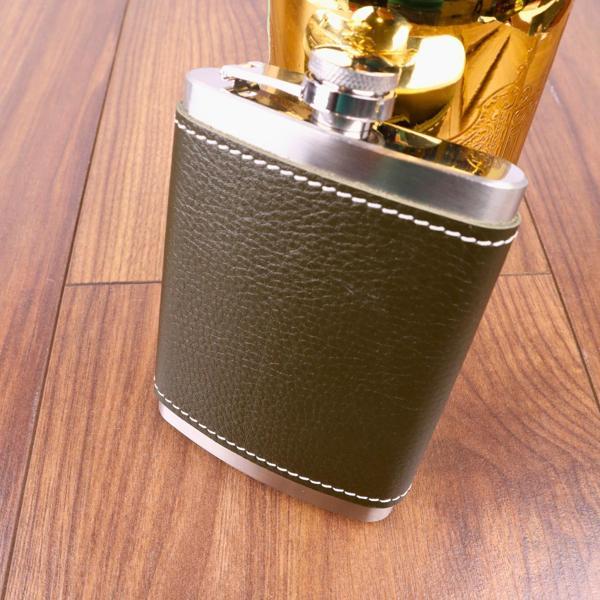 Perlotus 8 Oz 235 cc Hunili Haki Yeşil El Yapımı Deri Kılıflı Çelik Viski Cep Matarası - Image 1