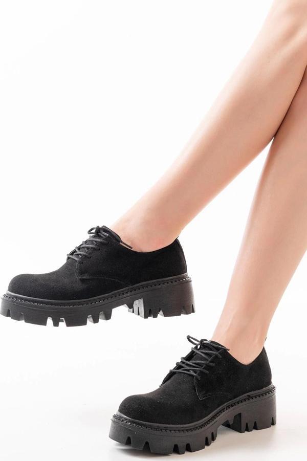 Siyah Süet Bağcıklı Günlük Yüksek Tabanlı Loafer Ayakkabı - Image 1