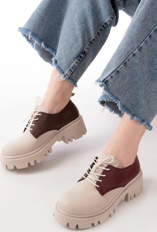 Bej Garni Bağcıklı Günlük Yüksek Tabanlı Loafer Ayakkabı - Image 1