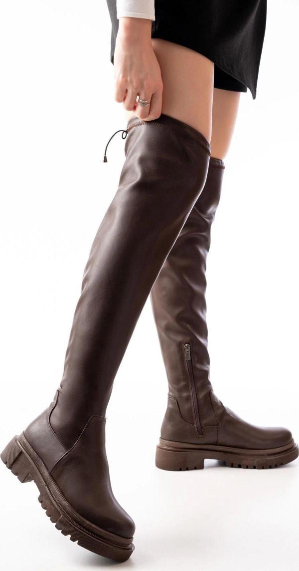 Kahverengi Fermuarlı Diz Üstü Bağcıklı Çorap Günlük Kadın Çizme - Image 1