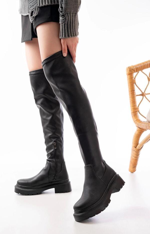 Siyah Streç Diz Üstü Fermuarlı Günlük Kadın Çizme - Image 1