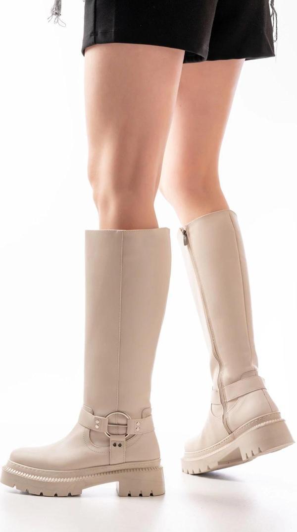 Bej Fermuarlı Günlük Kadın Çizme - Image 1