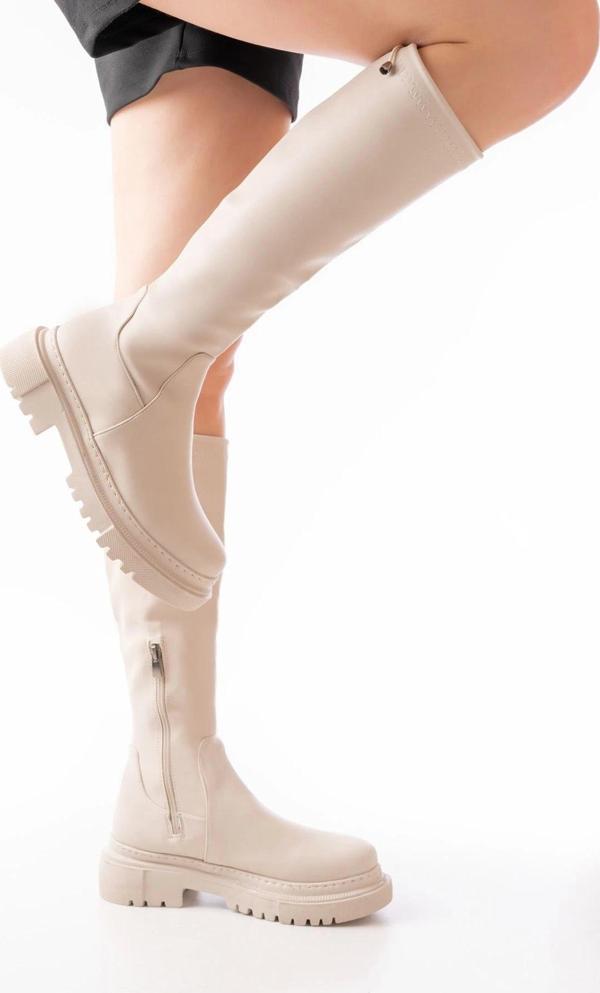 Bej Fermuarlı Günlük Kadın Çizme - Image 1