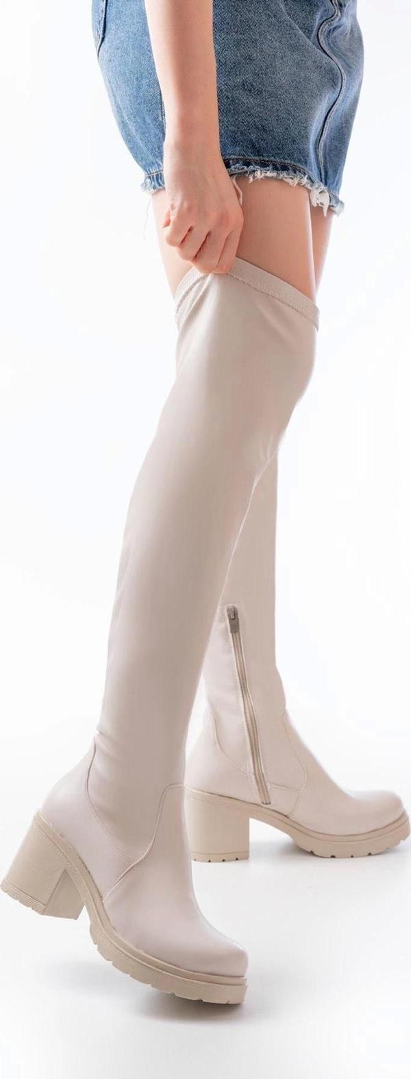 Bej Streç Günlük Kalın Topuklu Kadın Çizme - Image 1