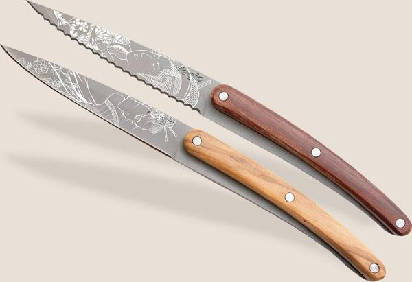 2 Deejo Paring Knives, Olive and Coral Wood / Japonese - Image 1