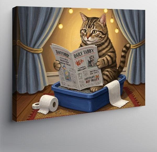 Kanvas Tablo Gazete Okuyan Şaşkın Kedi - Image 1