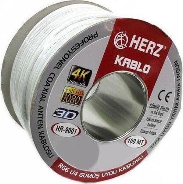 Herz RG6-U4 Uydu Anten Kablosu Full HD 4K - 100 Metre Beyaz - Image 1