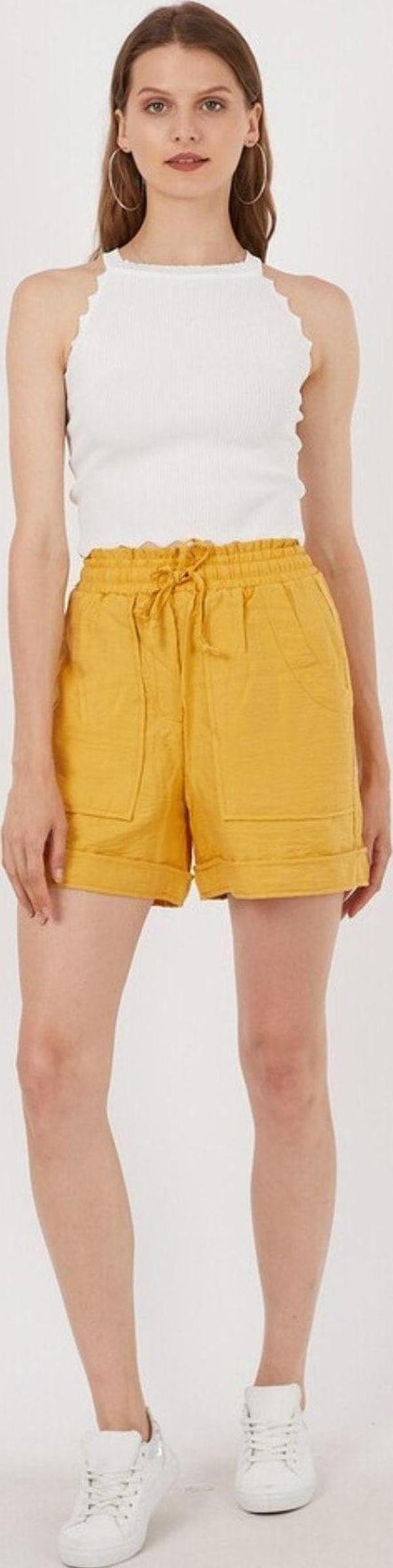 Kadın Hardal Bel Lastikli Ip Bağlamalı Cepli Yüksek Bel Ayrobin Şort - Image 1
