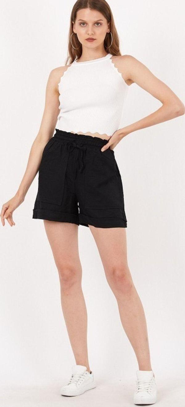 Kadın Siyah Bel Lastikli Ip Bağlamalı Cepli Yüksek Bel Ayrobin Şort - Image 1