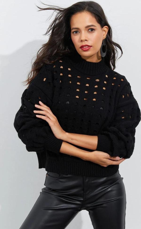 WAK Kadın Siyah Ajurlu Triko Kazak - Image 1