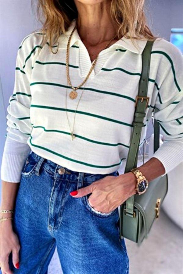 WAK Kadın Polo Yaka Çizgili Mevsimlik Triko Kazak - Image 1