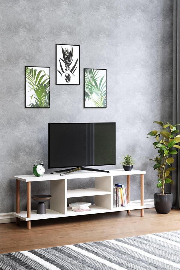 interGO Tv Sehpası Raflı Tv Ünitesi Televizyon Sehpası Ahşap Ayaklı - Beyaz - Image 1