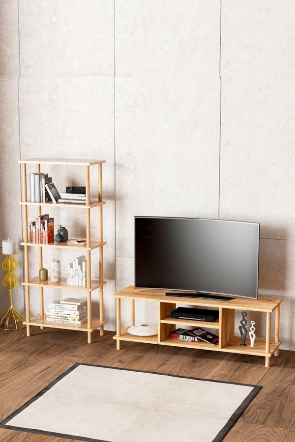 interGO Tv Ünitesi, Beş Raflı Kitaplıklı Atlantik Çam - Image 1