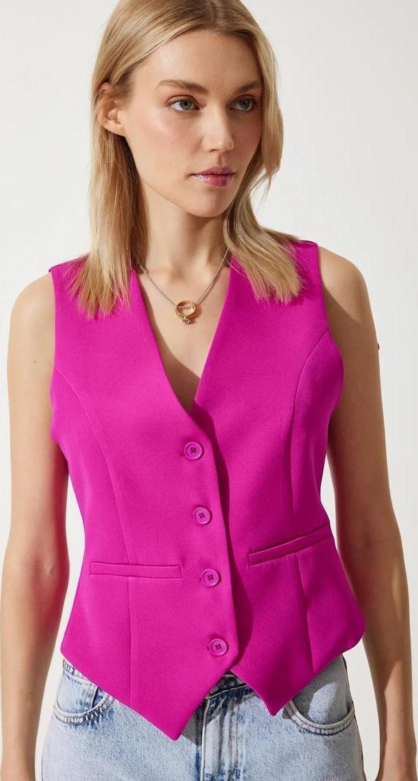 WAK - Kadın Fuşya V Yaka Düğmeli Dokuma Yelek - Image 1