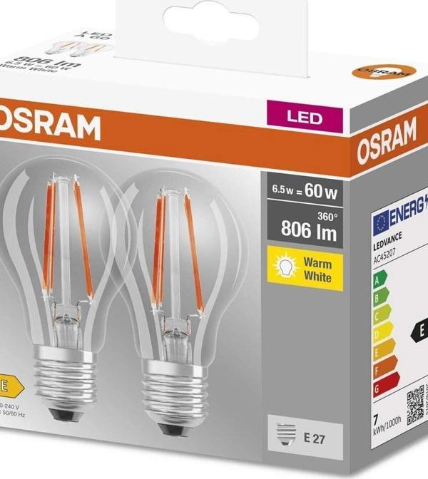 Osram Led Flament  6.5W 2700K 806lm E27 Duy Sarı Işık 2'li Paket Lamba - Image 1