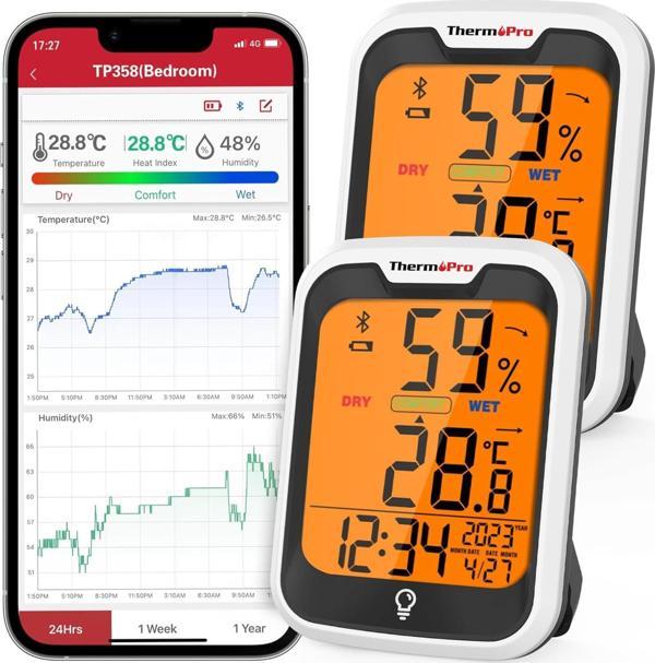 ThermoThermoPro TP358 Telefon Kontrollü, Saatli, İç Mekan Sıcaklık ve Nem Ölçer Termometre 2 Adet - Image 1