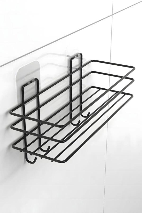 Yapışkanlı 4 Kancalı Banyo Rafı Mat Siyah Banyo Şampuanlık Duşakabin Duş Askısı - Image 1