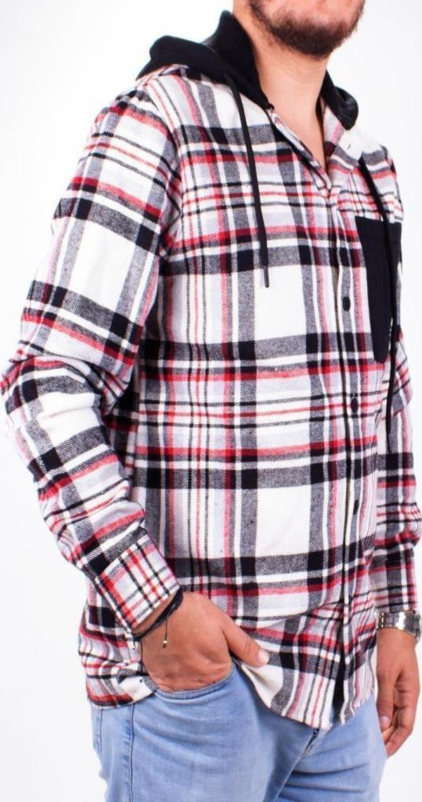 Dagoster DMG23-193714 Ekru Kırmızı Günlük Kapüşonlu Oversize Oduncu  Erkek Gömlek - Image 1