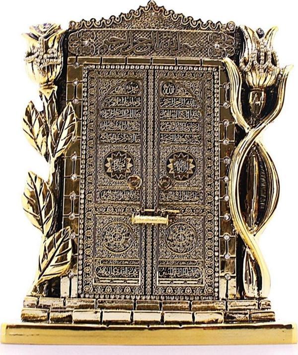 Polyester Üzerine Metal Kaplama Biblo Allah Muhammed Yazılı Gül Kabe Kapısı Gold Biblo 25 Cm - Image 1