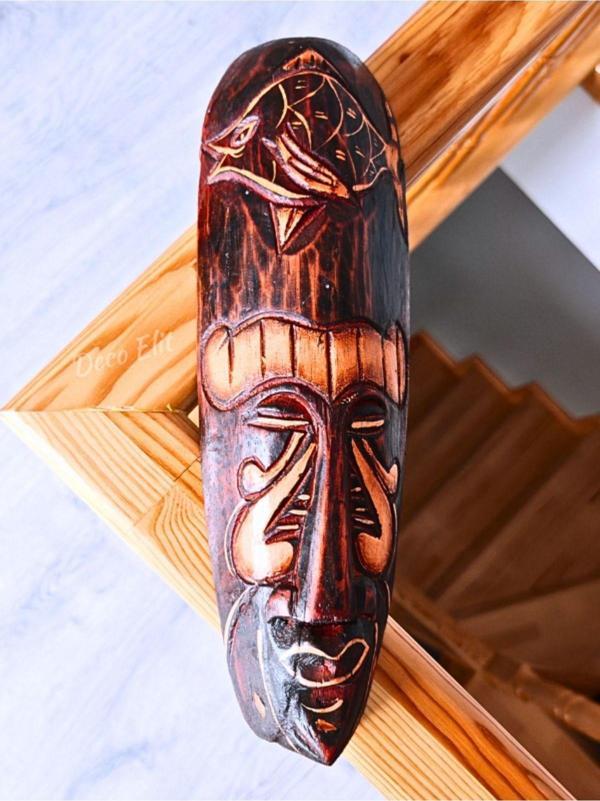 Yerliler Aborjin Balık Surat Tipi Totem Ahşap Oyma Mask Duvar Objesi Mindi Ağacı El Oyması 30 cm - Image 1