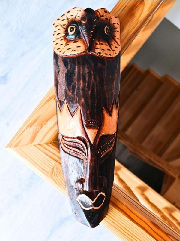 Yerliler Aborjin Baykuş Tipi Surat Totem Ahşap Oyma Mask Duvar Objesi Mindi Ağacı El Oyması 30 cm - Image 1