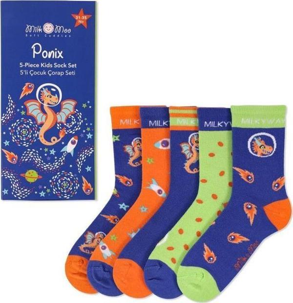 Milk&Moo Ponix Çocuk 5'li Çorap Seti, 31-35 Numara, Yumuşak ve Eğlenceli Tasarım - Image 1