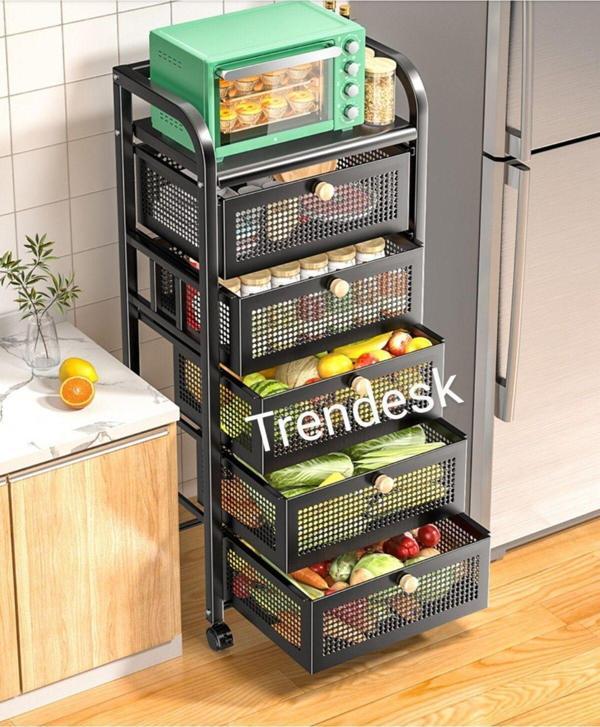 Trendesk 5 Katlı Metal Siyah Patates Soğan Sepeti Sebze Meyve Sepeti Sebzelik Tekerlekli - Image 1