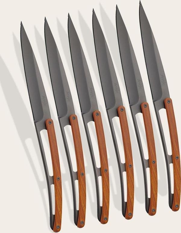 6 Deejo Steak Knives Serrated, Coral Wood - Image 1