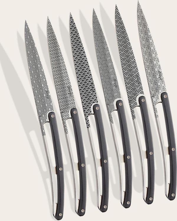 6 Deejo Steak Knives, Ebony Wood / Geometrie - Image 1