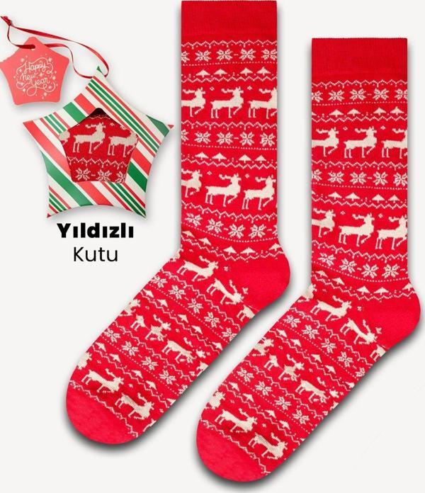 Neşeli Çoraplar Noel Kırmızı Geyik Yıldızlı Kutu Renkli Çorap - Image 1