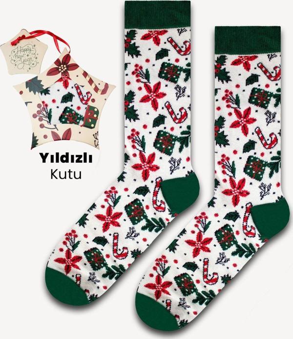 Neşeli Çoraplar Noel Süslemeli Yıldızlı Kutu Renkli Çorap - Image 1