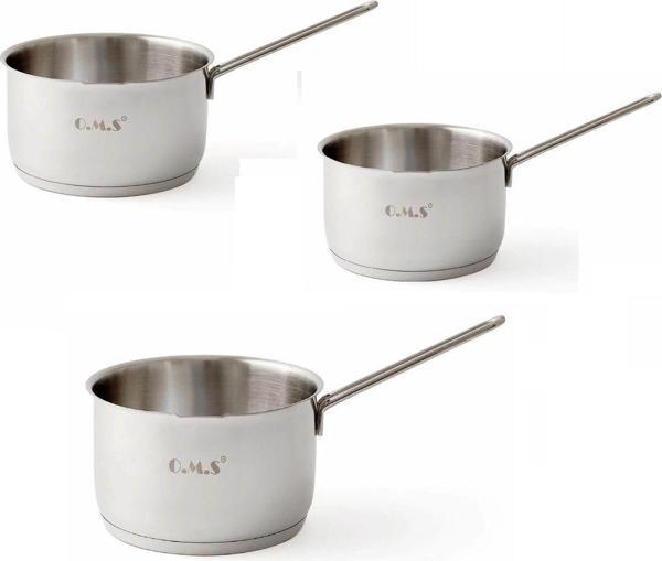Oms Tek Saplı Orta Boy 3Lü  Kapaksız Dökme Ağızlı Sütlük Sos Tava Seti 14-16-18Cm - Image 1