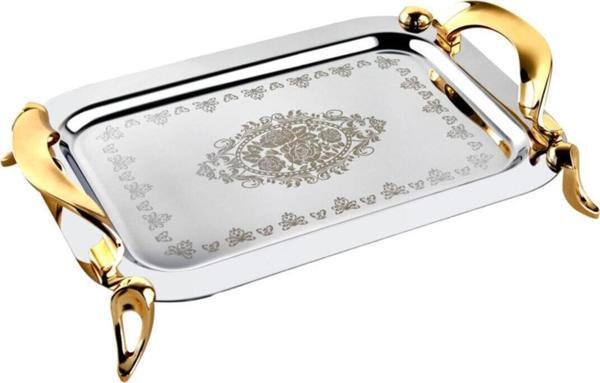 ÖZLİFE Ecrin Lazer Dekorlu Gold Ayaklı Büyük Boy Çelik Tepsi - Image 1