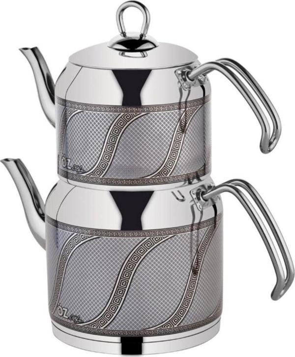 ÖZLİFE Enza Inox & Gri S Desen Büyük Boy Çaydanlık Takımı 157G - Image 1