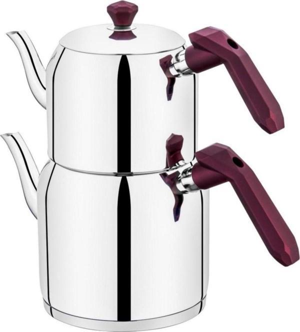 ÖZLİFE Gala Inox Mor Kulp Orta Boy Çaydanlık Takımı 122 - Image 1